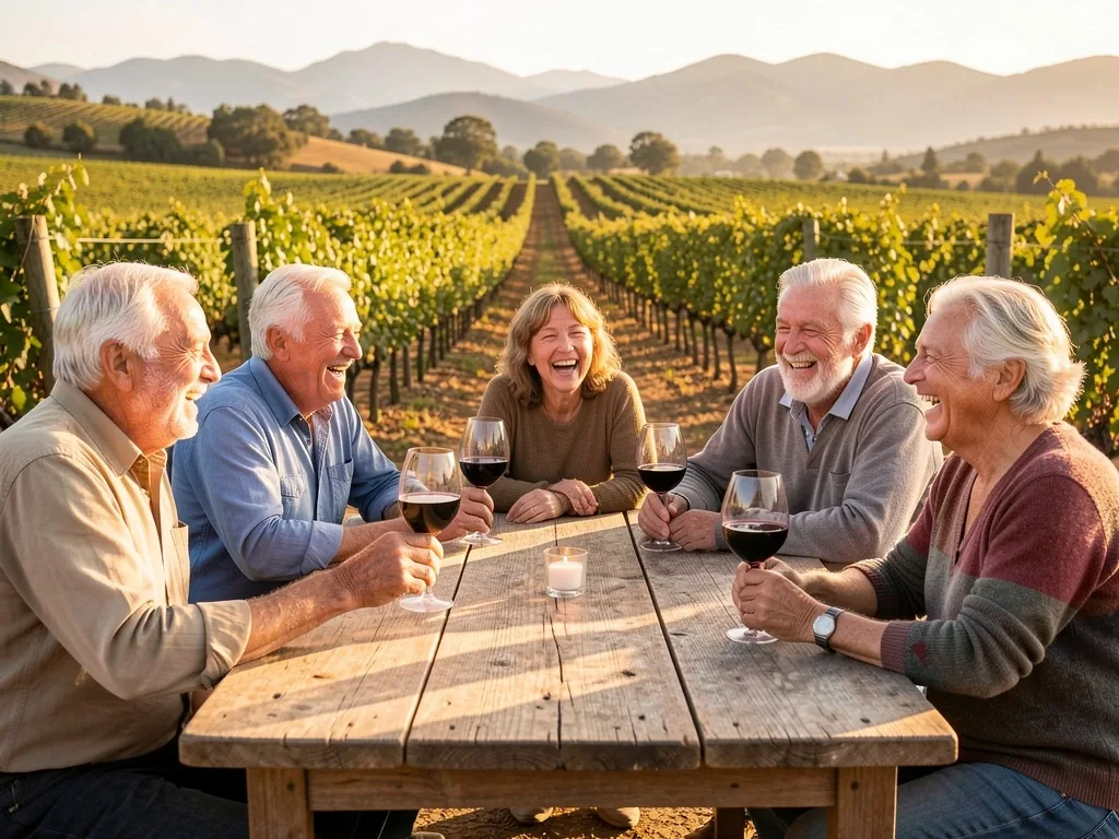 Grupo de viajeros jubilados compartiendo una tarde en una bodega