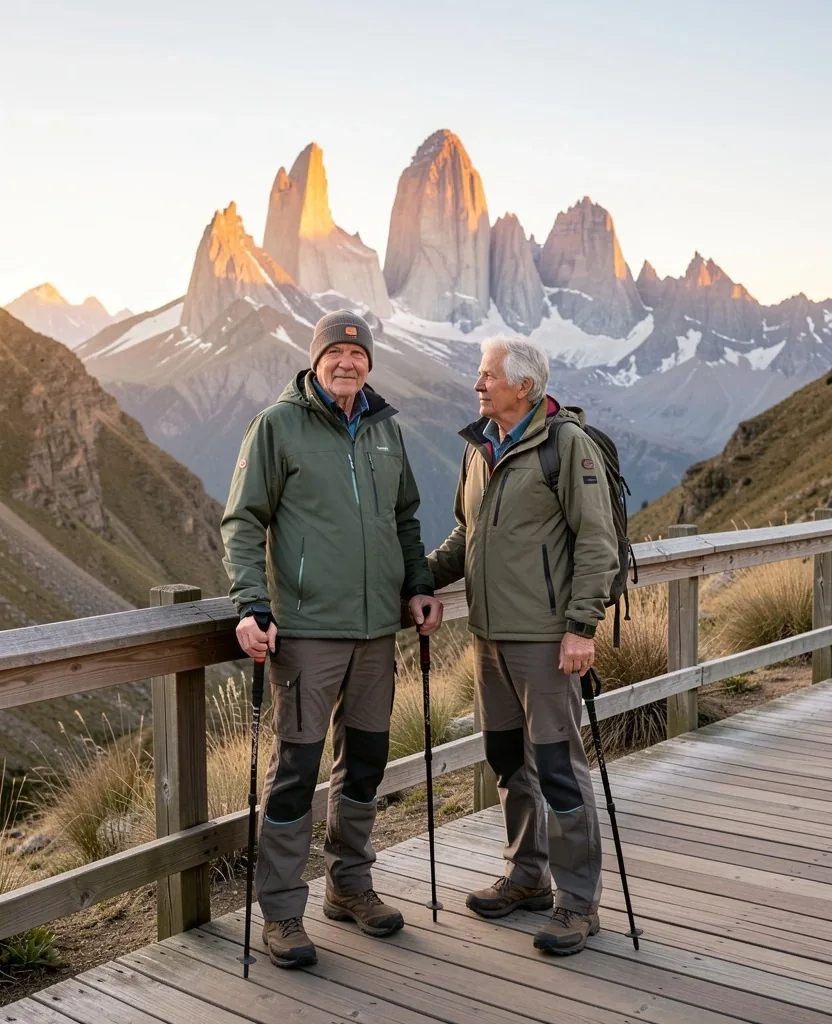 Pareja de viajeros jubilados contemplando el cerro Fitz Roy en Patagonia