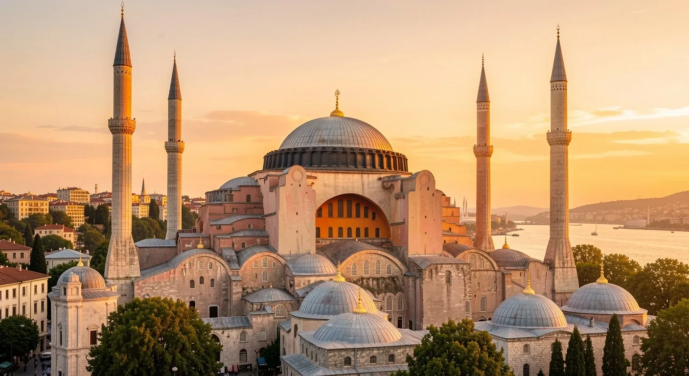 Vista de Santa Sofía y minaretes otomanos en Estambul al atardecer