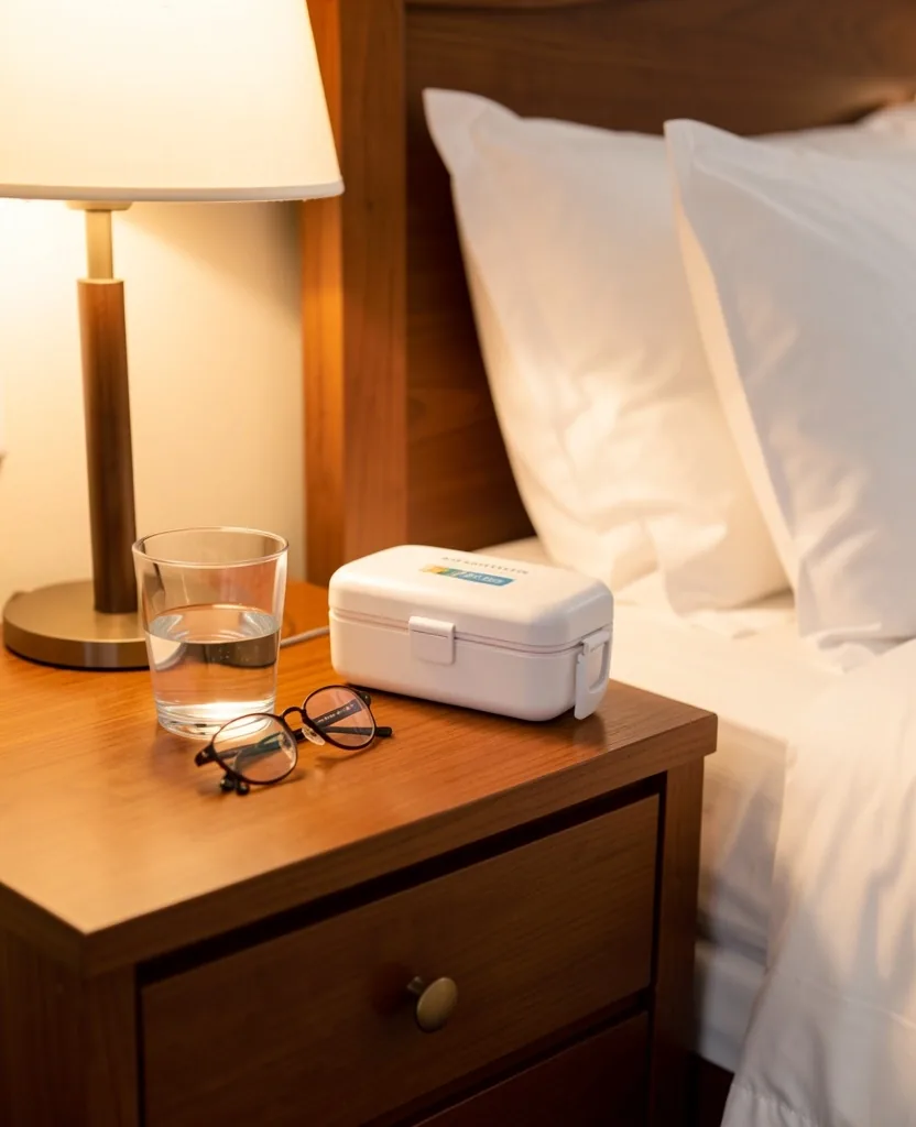 Elementos de confort y salud en una mesa de noche de hotel