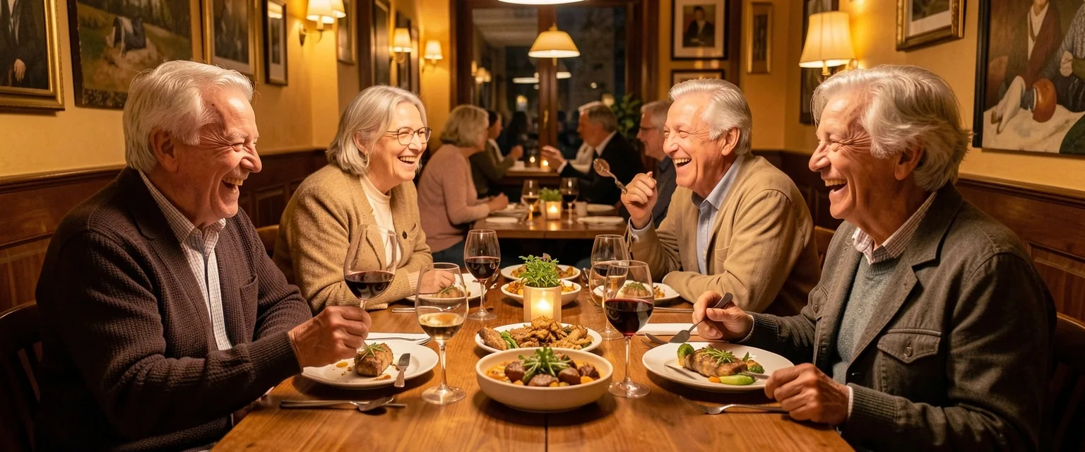 Viajeros mayores compartiendo una cena en grupo