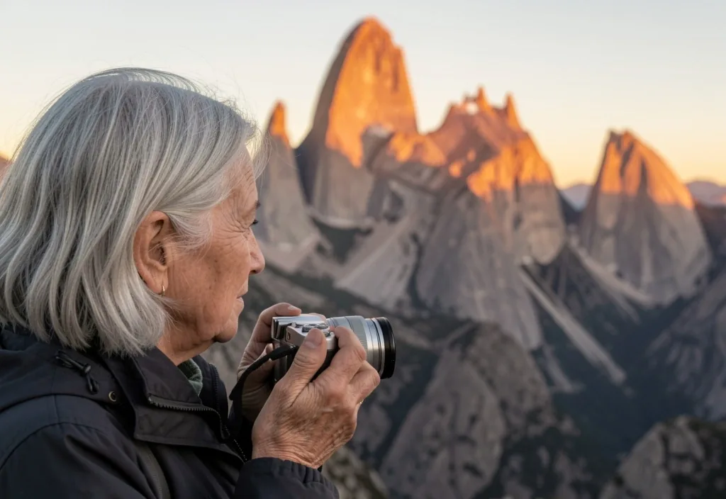 Viajero senior fotografiando un paisaje patagónico al atardecer
