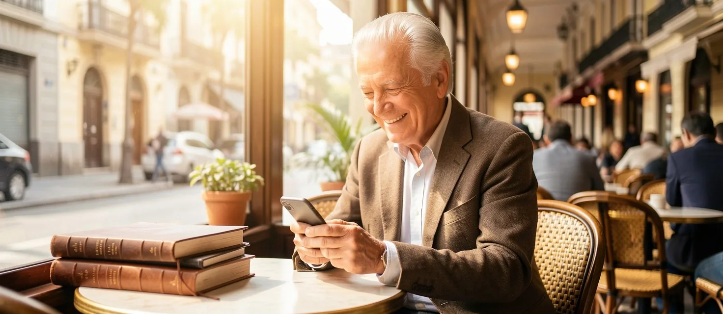 Viajero senior usando un teléfono en un café