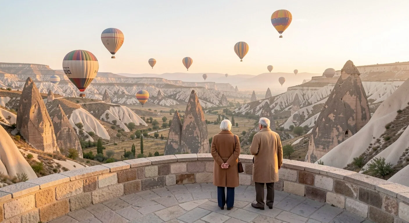Amanecer en Capadocia con globos aerostáticos sobre los valles de formaciones rocosas