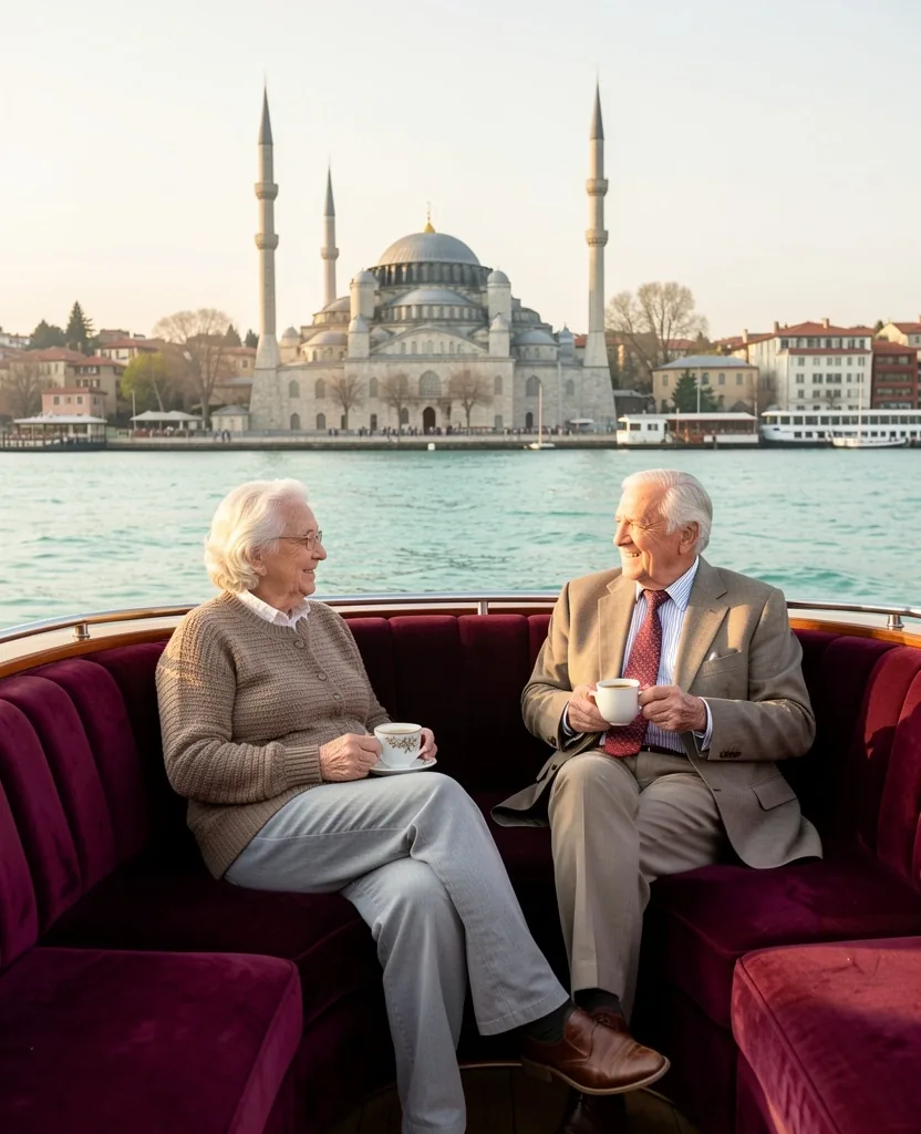 Pareja de viajeros senior disfrutando de un crucero privado por el Bósforo en Estambul