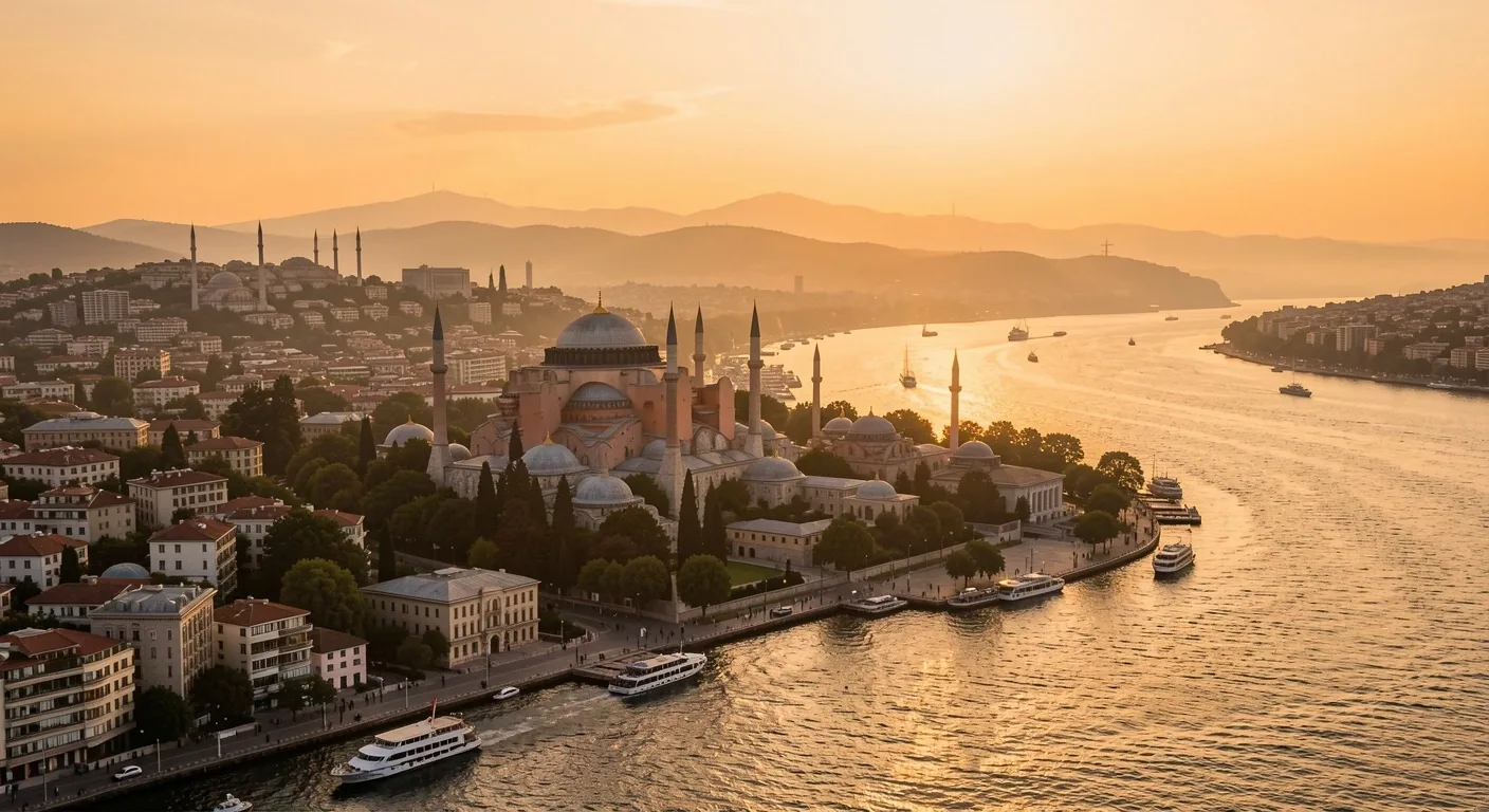 Vista panorámica de Estambul al atardecer con Santa Sofía y la Mezquita Azul